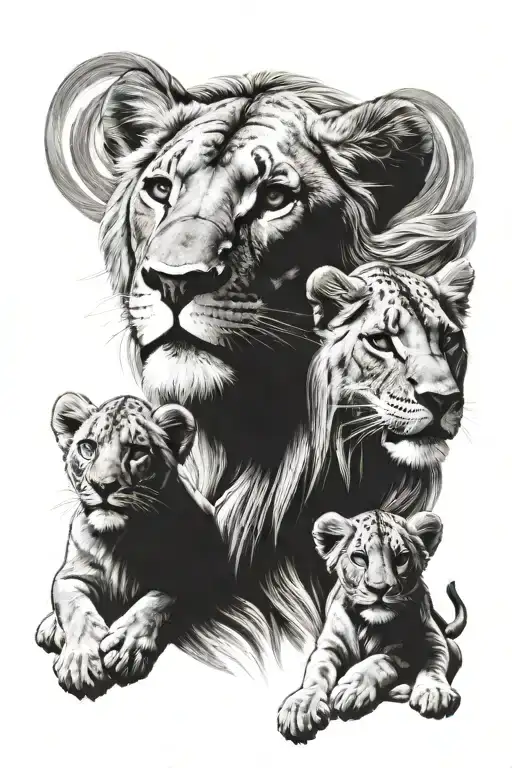 Mother And Two Baby Lions Head