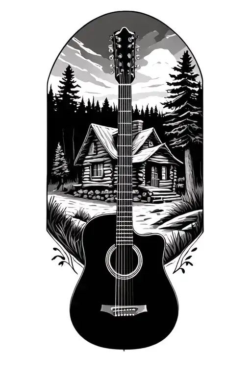 Accoustic Guitar Surrounded By Log Cabin Scene Inside