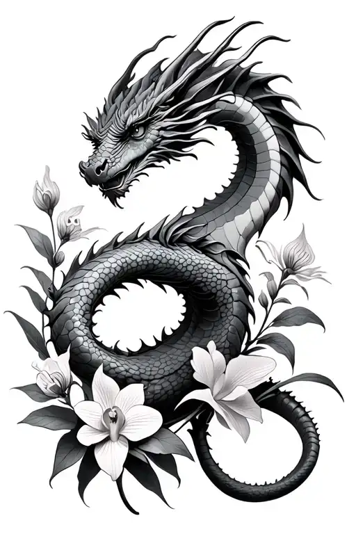 Dragon And Orchids And Wildflowers