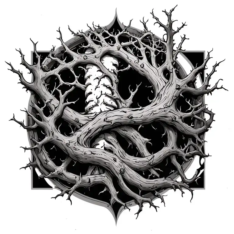 Dead Tree With Creeping Vines Wrapping With Thorns Going Towards The Ribs