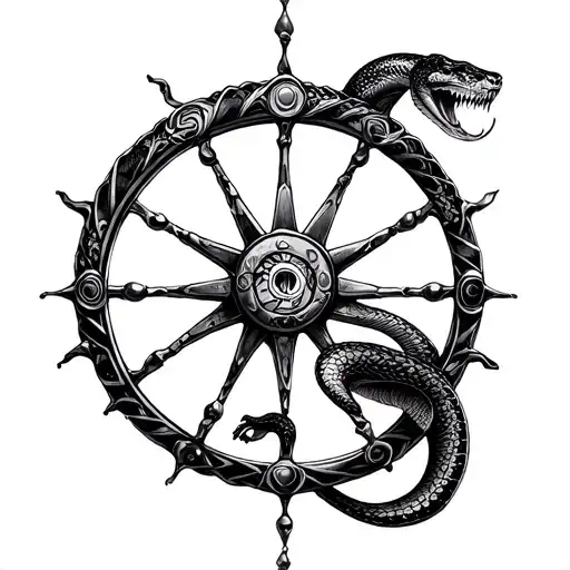 A Spoked Wheel And A Snake Doing Ouroboros Symbol