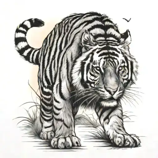 Sunset And Tiger Walking