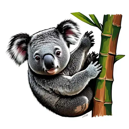 Koala Bear Attached To Tree With Bamboo