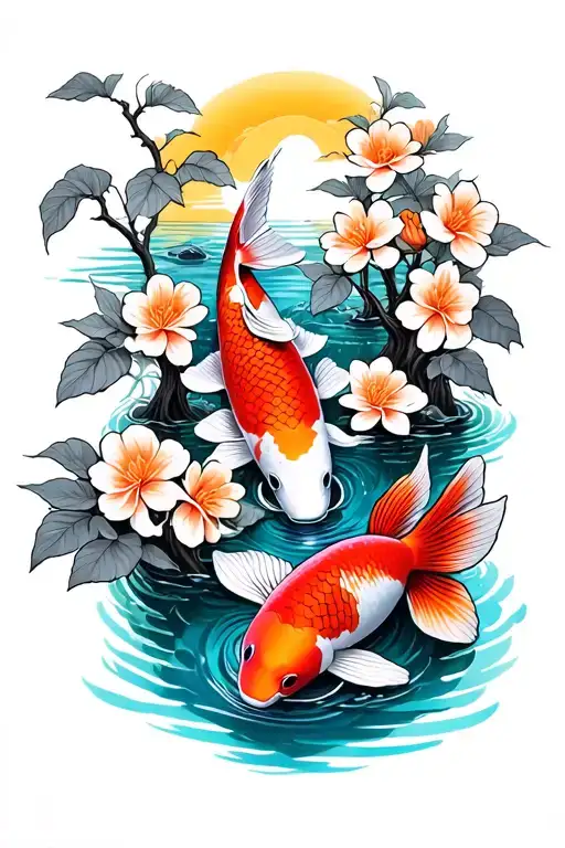 Koi Pond Flowering Trees Colors Sunset