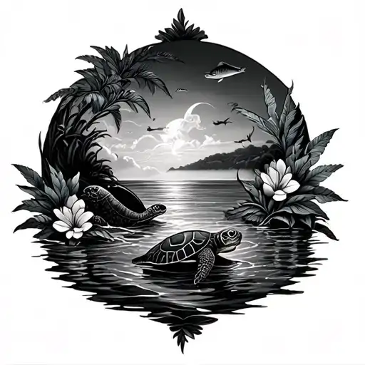 Island And Moana And Flowers And Fish And Turtles