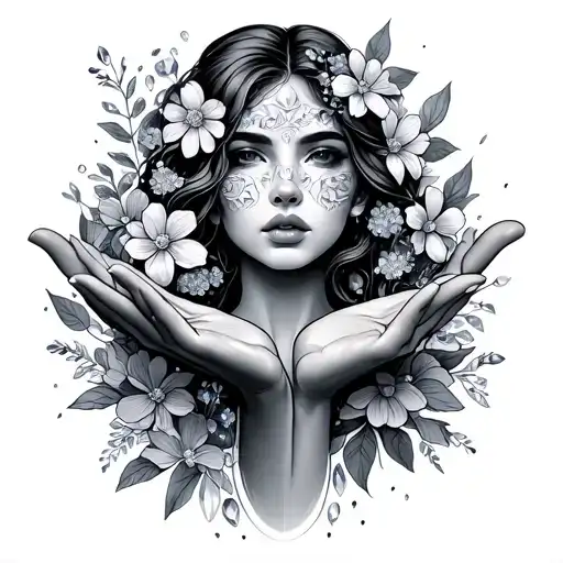 Outline Of Feminine Women Face Flowers Crystals Open Hand Under Face That's Welcoming