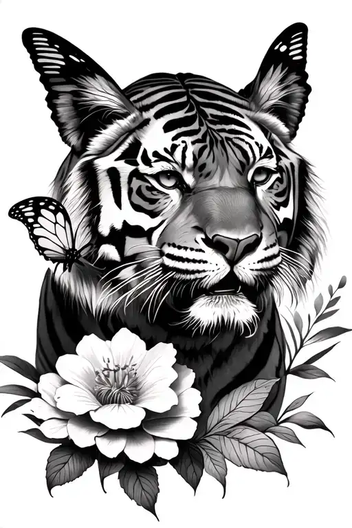 Tiger W Butterflies And Flowers