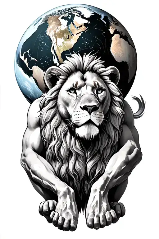 Lion Atlas With Human Body Holding Up The World