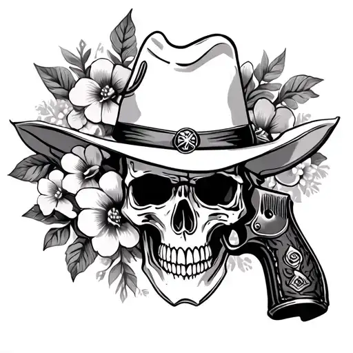 Western With Gun And Skull With Leather Design Patterns With Flowers