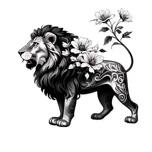 Lion With Flowers Blooming On Thigh