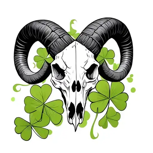 Aries Ram Skull Four Leaf Clovers