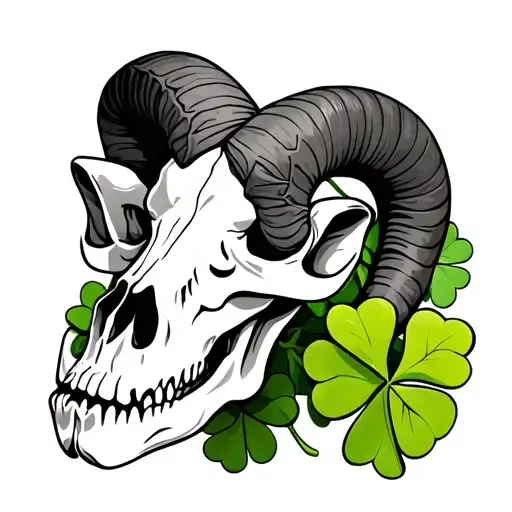 Aries Ram Skull With Three Leaf Clovers