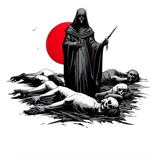Grim Reaper With A Red Glowing Moon Standing Over Dead Bodies