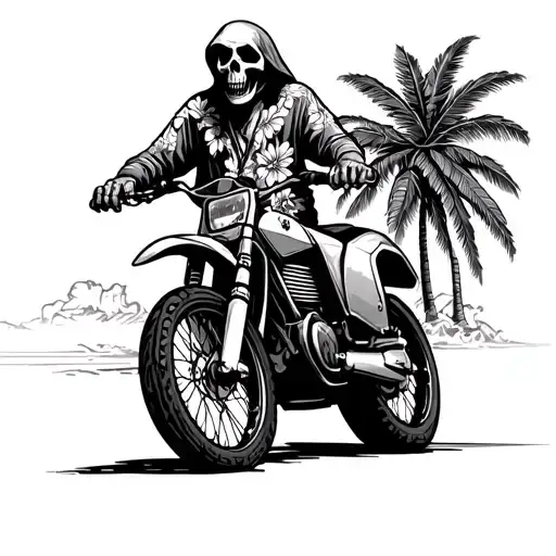 American Traditional Tattoo Grim Reaper Wearing A Hawaiian Shirt Riding A Dirt Bike