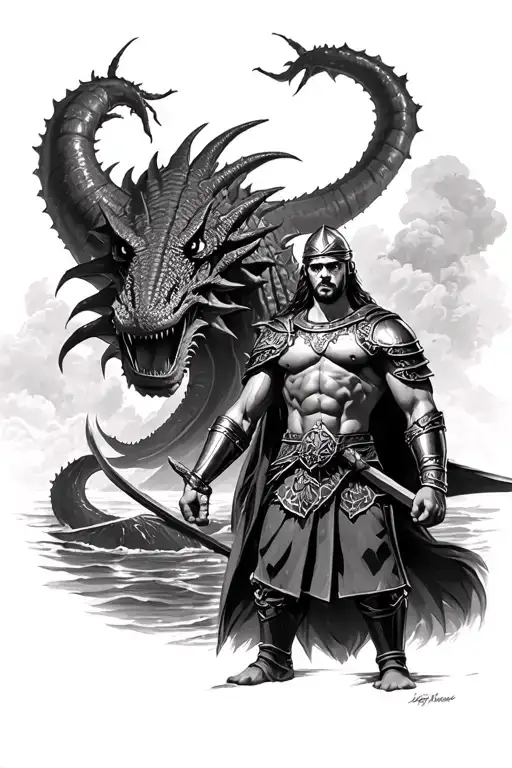 Sea Monster In The Background With A Gladiator In Front Black And White Realistic