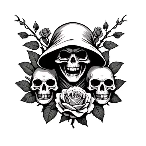 Grim Reaper Standing Stop Skulls With Roses In The Backround