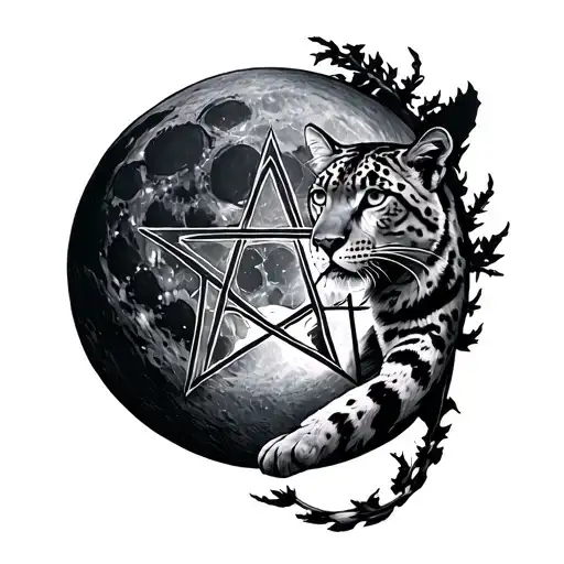 Full Moon With A Pentacle Etched Into The Surface With A Snow Leopard Curled Protectively Around It