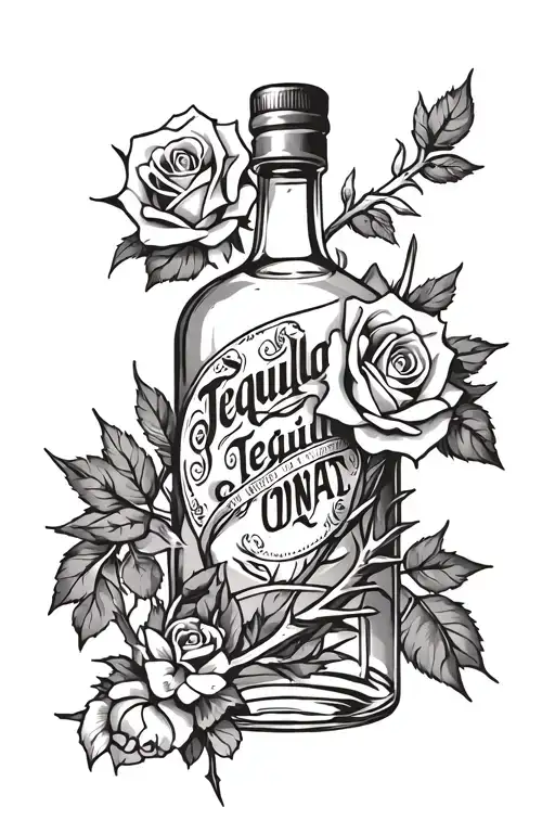Empty Tequila Bottle With Roses And Thorns Sticking Out