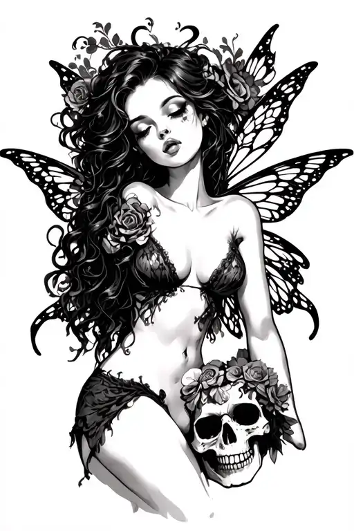 Sexy Naughty Fairy With A Skull Looking Up At The Fairy