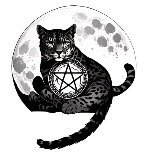 Full Moon With A Pentacle Etched Into The Surface With A Snow Leopard Curled Protectively Around It