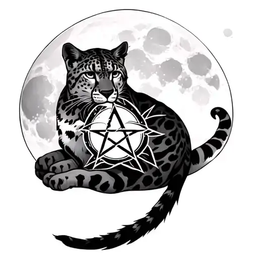 Full Moon With A Pentacle Etched Into The Surface With A Snow Leopard Curled Protectively Around It