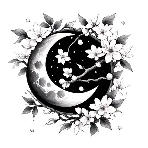 Cherry Blossoms Pedals Falling And Moon Surrounded