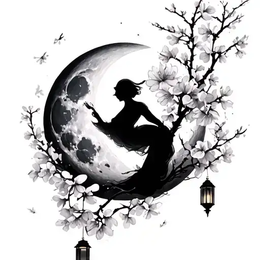 Cherry Blossoms Pedals Falling And Moon Surrounded With Lanterns