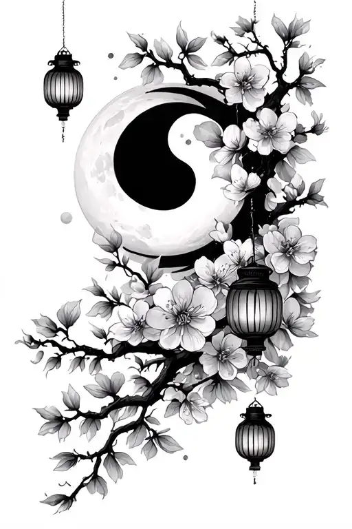 Cherry Blossoms Pedals Falling And Moon Surrounded With Lanterns