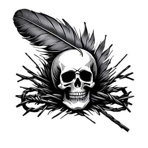 A Feather With A Skull In It And Barbed Wire Around The Bottom