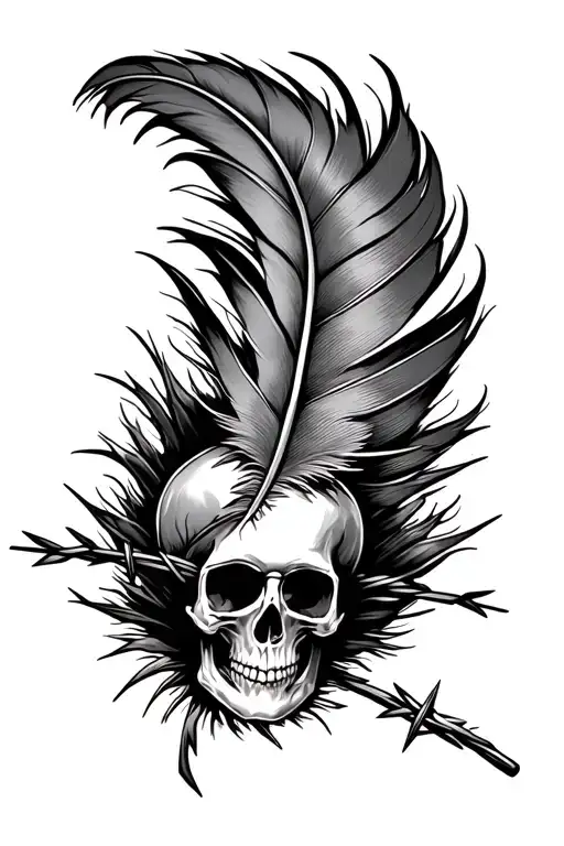 A Western Tattoo Of A Feather With A Skull In It And Barbed Wire Around The Bottom