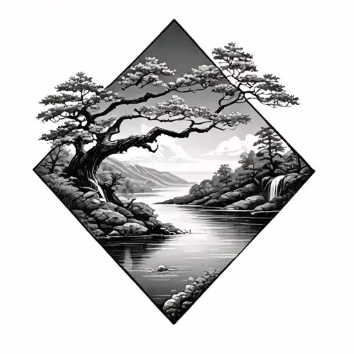 Rowan Tree With A Waterfall And A Lake Contained In A Diamond Shape