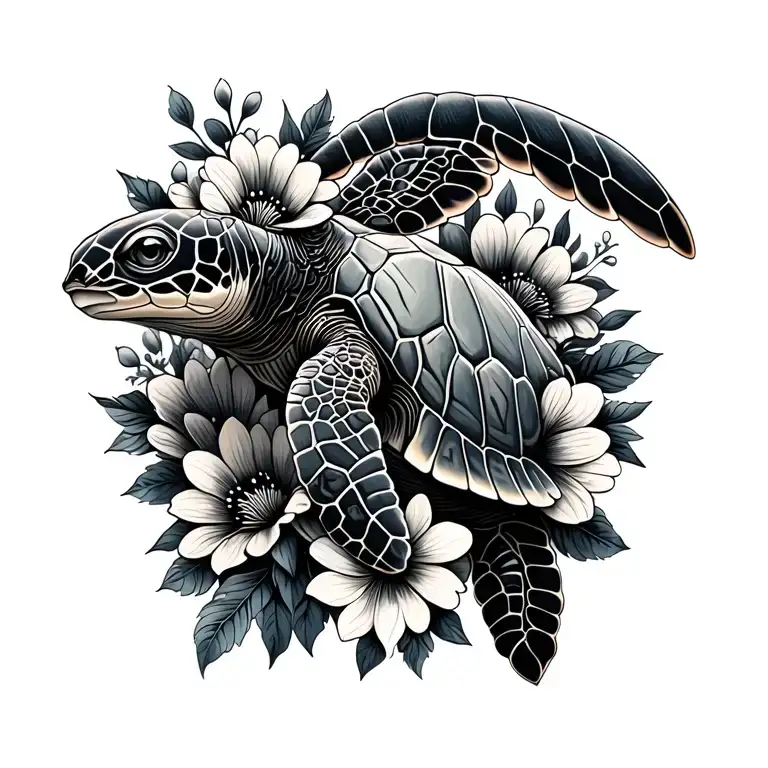 Sea Turtle And Flowers
