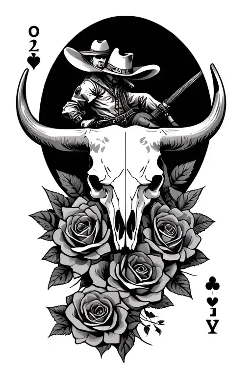 Western Tooling Style With Roses Bull Skull Playing Cards With Bronc Rider
