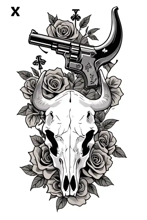 Western Tooling Style With Roses Bull Skull Playing Cards With Gun And Cross