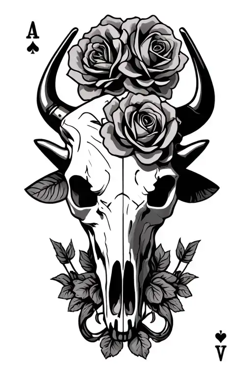Western Tooling Style With Roses Bull Skull Playing Cards With Gun And Cross