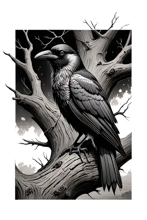 Crow In Dead Oak Tree