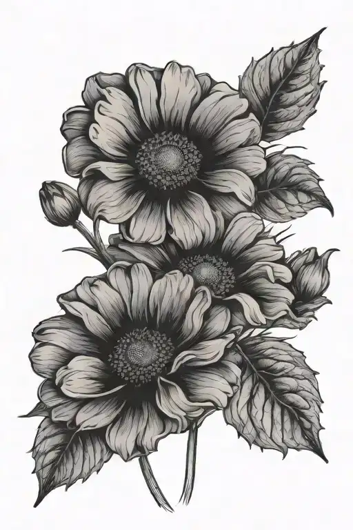 Two Daises And One Poppy Flower Fine Line