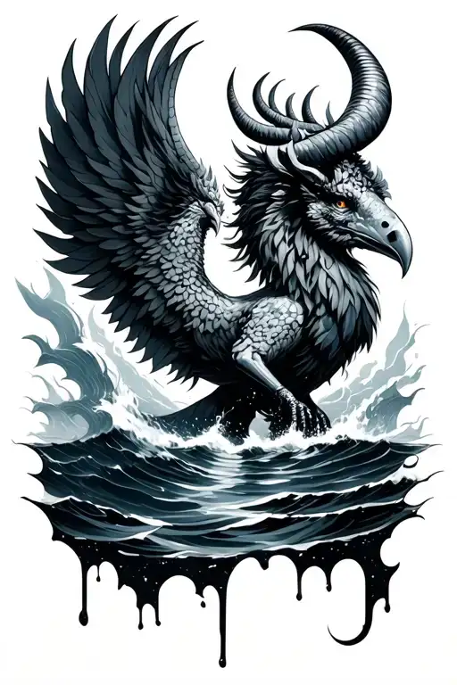 Capricorn Melted With Phenix Bird In A Storm Scenario In The Ocean In An Unknown Universe