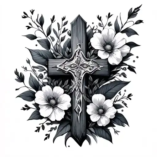 Cross Not Filled In With Ink With Flowers Surrounding