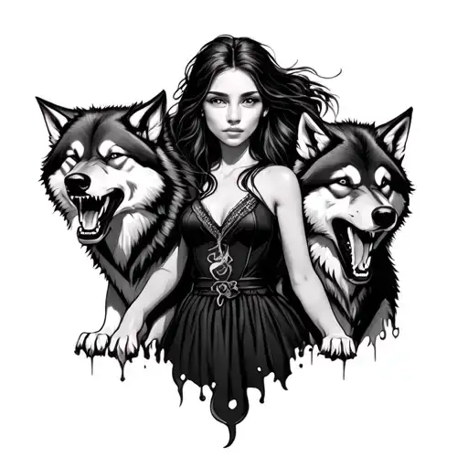 Girl Surrounded Three Wolves Snarling