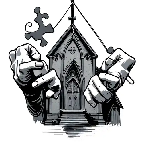 Church With Jigsaw Puppet Hands Holding Ropes