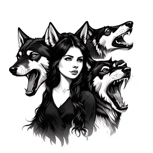 Girl Surrounded Three Wolves Snarling And Howling