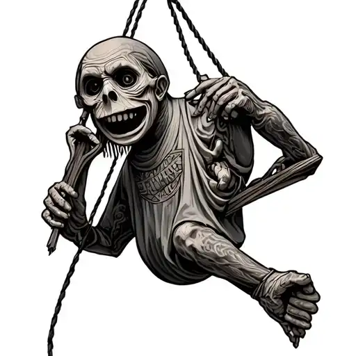 Saw Puppet Holding Ropes Above Big Church