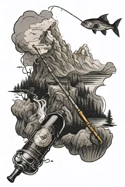 A Majestic Mountain Landscape With A Fishing Rod And Beer Bottle Incorporated Into The Design