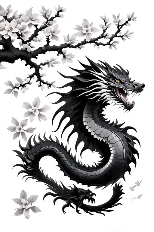 Cherry Blossom With Branches In Background And Asian Dragon Flying In Foreground