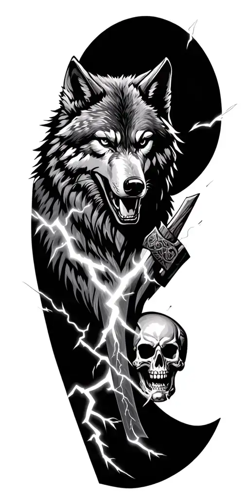 Lightning Wolf Axes Smoke Skulls Wolve Sleeve