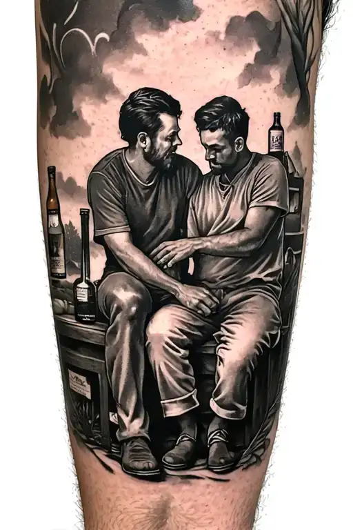 A Full Leg Piece Symbolizing The Story Of Struggling With A Alcoholic Father During Childhood