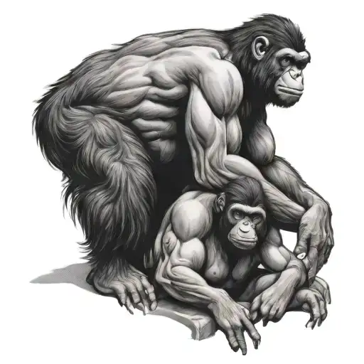 Muscular Ape With Two Women Sitting