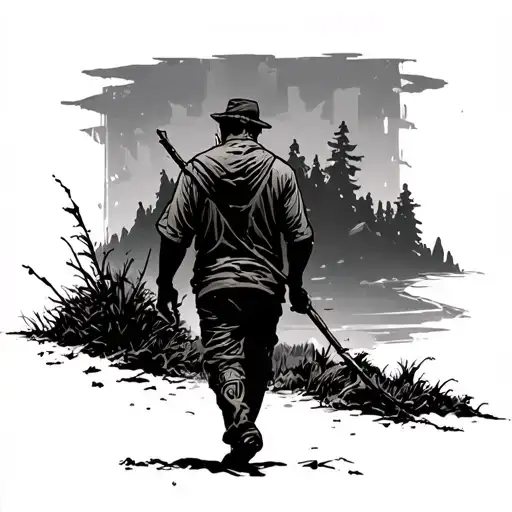 Man Walking From Behind In A Dark Valley With A Leadership And A Stick