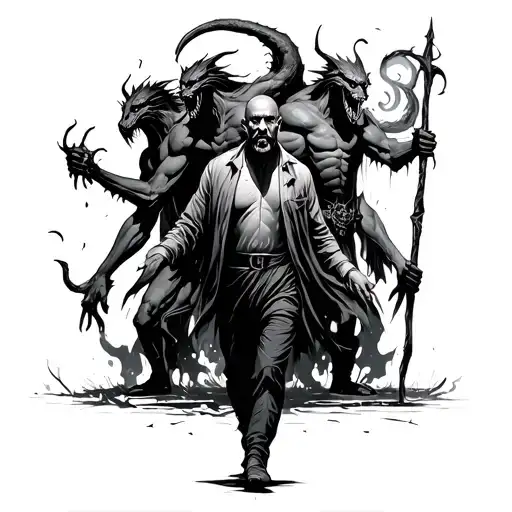 Man Walking Back Between Demons With A Leadership And A Stick